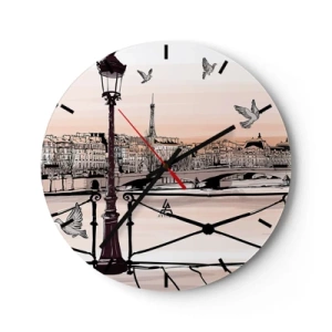 Väggklocka - Klocka på glas - En lykta, duvor och panorama över Paris vid solnedgången - 30x30cm - Över Paris tak - Modern väggdekoration för vardagsrum, kök och sovrum ARTTOR