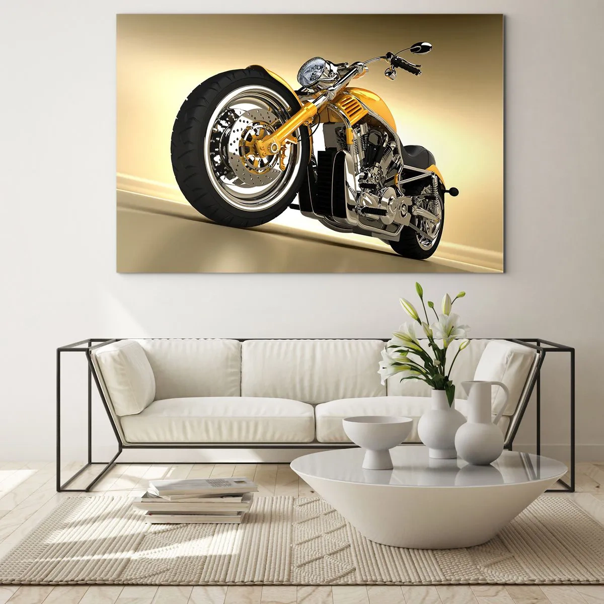 Glastavla - Bild på glas - En guldfärgad specialbyggd motorcykel mot en ljus bakgrund - 70x50cm - En dröm om styrka och skönhet - Modern väggdekoration för vardagsrum och sovrum ARTTOR