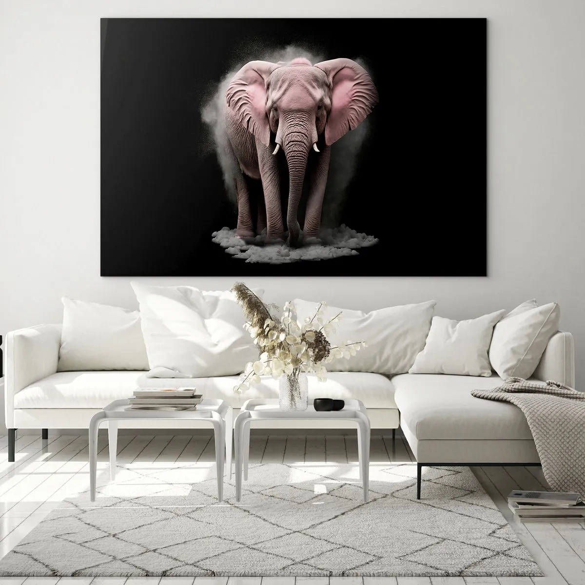 Glastavla - Bild på glas - En rosa elefant mot svart bakgrund omgiven av ett dammmoln. - 70x50cm - Tänk inte på en rosa elefant! - Modern väggdekoration för vardagsrum och sovrum ARTTOR