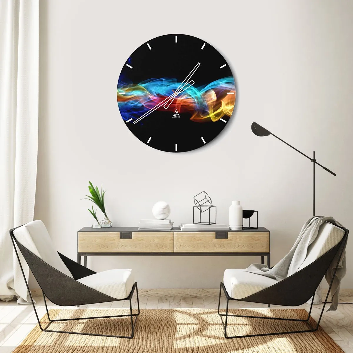 Väggklocka - Klocka på glas - Färgglada ljusstrimmor på svart bakgrund - 30x30cm - Dimmas regnbågsdans - Modern väggdekoration för vardagsrum, kök och sovrum ARTTOR