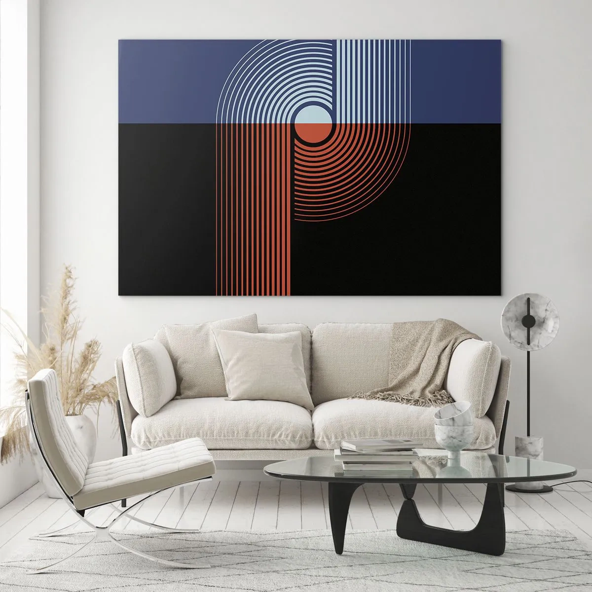 Glastavla - Bild på glas - Modern geometrisk grafik i kontrasterande färger - 70x50cm - I en geometrisk kläm - Modern väggdekoration för vardagsrum och sovrum ARTTOR