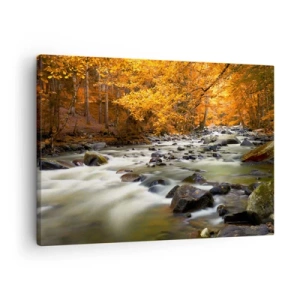 Canvastavla - Bild på duk - En bäck i en höstskog omgiven av gyllene löv - 70x50cm - Bäck i guldskogen - Modern väggdekoration för vardagsrum och sovrum ARTTOR