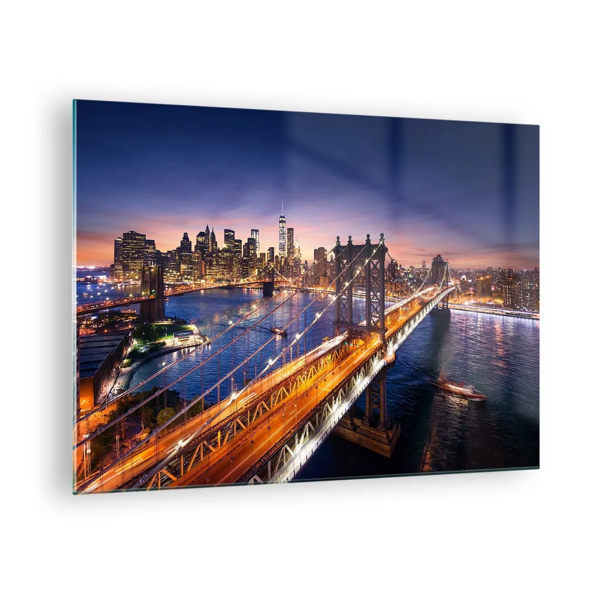 Glastavla - Bild på glas - Bron mot bakgrund av kvällsstadspanoraman med upplysta skyskrapor - 70x50cm - Över ljusbron till stadens hjärta - Modern väggdekoration för vardagsrum och sovrum ARTTOR