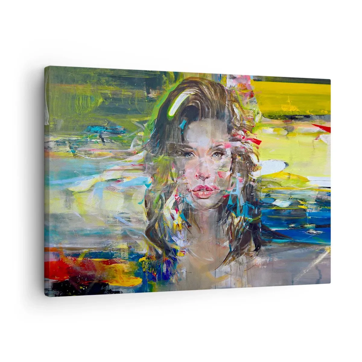 Canvastavla - Bild på duk - Abstrakt porträtt av en kvinna i intensiva färger - 70x50cm - Bakom luftridån - Modern väggdekoration för vardagsrum och sovrum ARTTOR