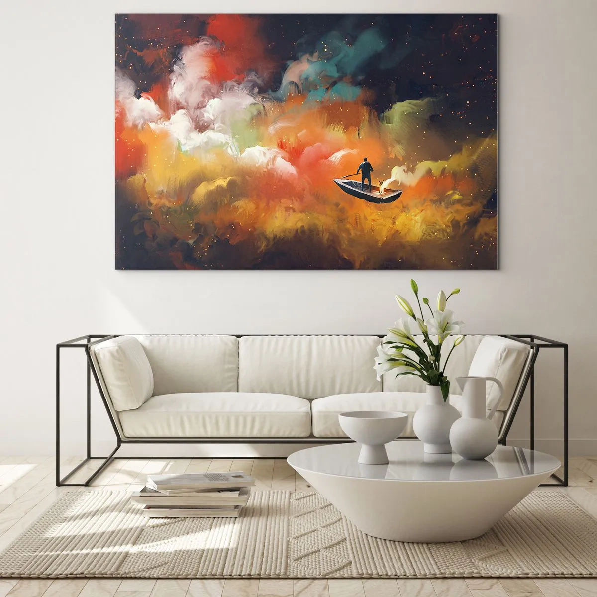 Glastavla - Bild på glas - En figur på en båt som svävar bland färgglada galaktiska moln - 70x50cm - I båten genom galaxen - Modern väggdekoration för vardagsrum och sovrum ARTTOR