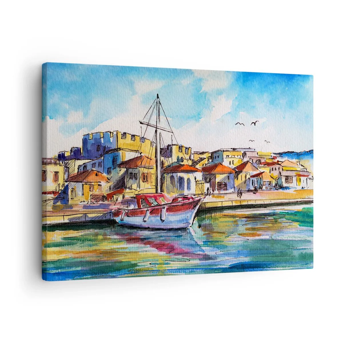 Canvastavla - Bild på duk - En pittoresk hamn med en båt och färgglada byggnader - 70x50cm - Regnbågseftermiddag - Modern väggdekoration för vardagsrum och sovrum ARTTOR