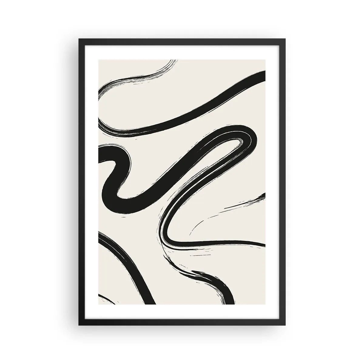 Affisch i svart ram - Abstrakta svarta linjer på en ljus bakgrund - 50x70cm - Svart och vit elegans - Modern väggdekoration för vardagsrum och sovrum ARTTOR