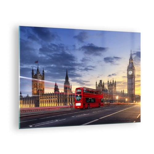 Glastavla - Bild på glas - Big Ben och den röda bussen i London vid solnedgången - 70x50cm - Särdrag - Modern väggdekoration för vardagsrum och sovrum ARTTOR