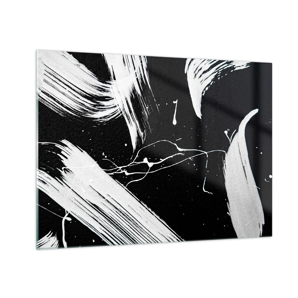 Glastavla - Bild på glas - Vita penseldrag på svart bakgrund - 70x50cm - Bryta mörkret - Modern väggdekoration för vardagsrum och sovrum ARTTOR