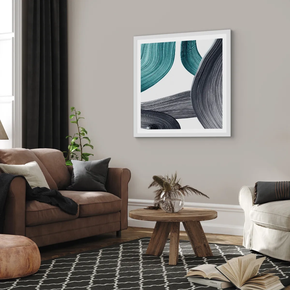 Affisch i vit ram - Smaragd och svarta spår - 40x40 cm