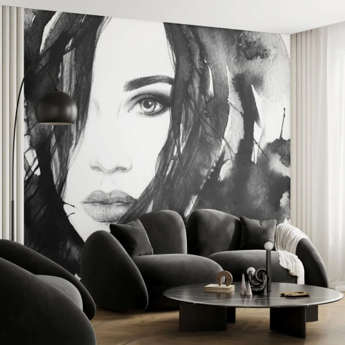 Självhäftande Fototapet Deluxe Sticker - En damportätt i svart och vit - Abstraktion, Kvinnans ansikte, Porträtt - 250x175 cm