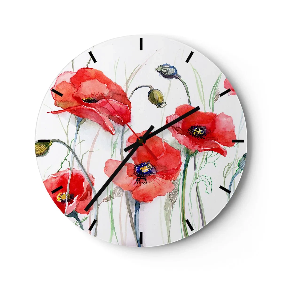 Väggklocka - Klocka på glas - En urtavla med ett akvarellmotiv av röda vallmoblommor på vit bakgrund. - 30x30cm - Polska blommor - Modern väggdekoration för vardagsrum, kök och sovrum ARTTOR