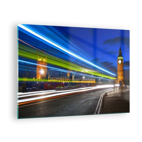 Glastavla - Bild på glas - Big Ben på natten med suddiga billjus - 70x50cm - Under Big Bens uppsikt - Modern väggdekoration för vardagsrum och sovrum ARTTOR