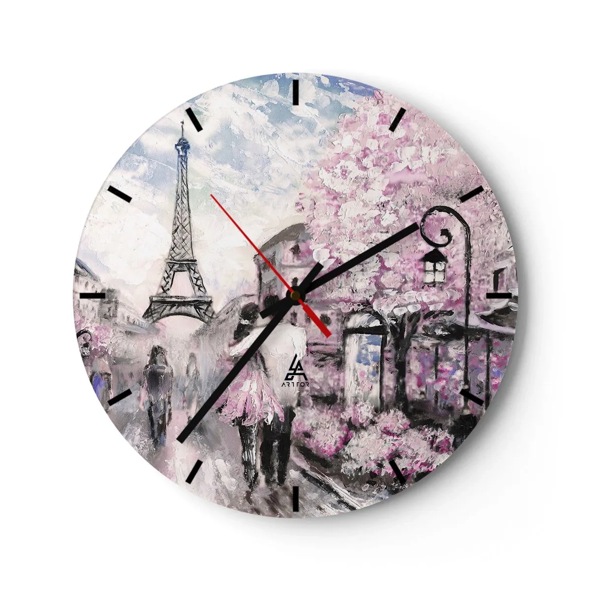 Väggklocka - Klocka på glas - Romantisk utsikt över Paris med Eiffeltornet och blommande träd - 30x30cm - Bli kär bara i... - Modern väggdekoration för vardagsrum, kök och sovrum ARTTOR