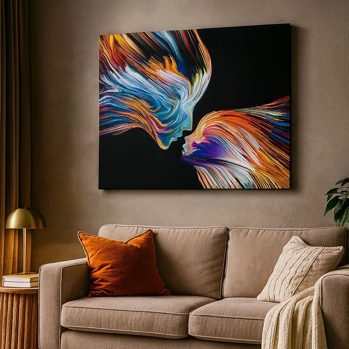 Canvastavla - Bild på duk - Färgglada silhuetter av ansikten i dynamiska strömmar mot svart bakgrund - 70x50cm - Fusion av energi och ljus - Modern väggdekoration för vardagsrum och sovrum ARTTOR