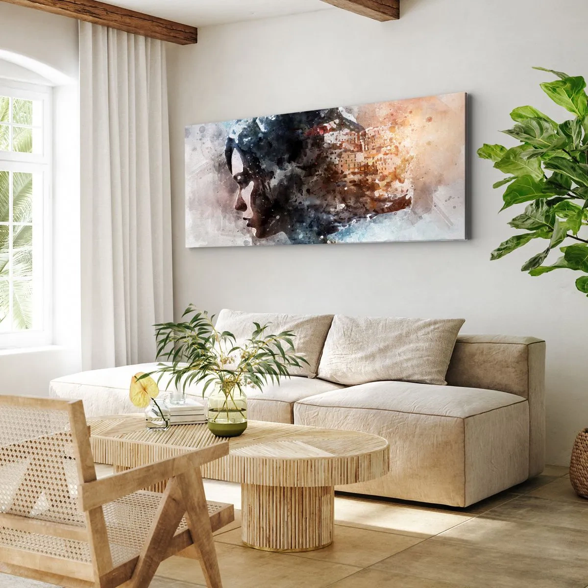 Canvastavla - Bild på duk - Berättelse om en tjej med en stad i bakgrunden - 100x40 cm
