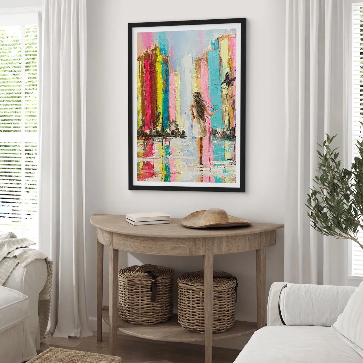 Affisch i svart ram - En kvinna bland färgglada byggnader i impressionistisk stil - 50x70cm - Kom med mig - Modern väggdekoration för vardagsrum och sovrum ARTTOR