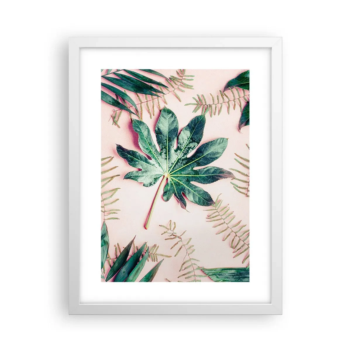 Affisch i vit ram - Grönskans studie mot rosa bakgrund - 30x40 cm