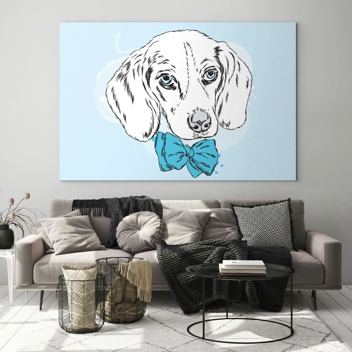 Glastavla - Bild på glas - Teckning av en hund med fluga mot blå bakgrund - 70x50cm - Hundelegans - Modern väggdekoration för vardagsrum och sovrum ARTTOR