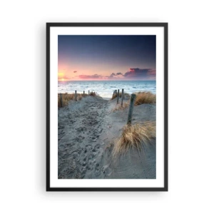 Affisch i svart ram - Strandstig vid solnedgången med havsutsikt - 50x70cm - Utspilld skenregnbåge... - Modern väggdekoration för vardagsrum och sovrum ARTTOR