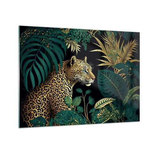 Glastavla - Bild på glas - En leopard bland tropiska löv på en mörk bakgrund - 70x50cm - Värden i djungeln - Modern väggdekoration för vardagsrum och sovrum ARTTOR