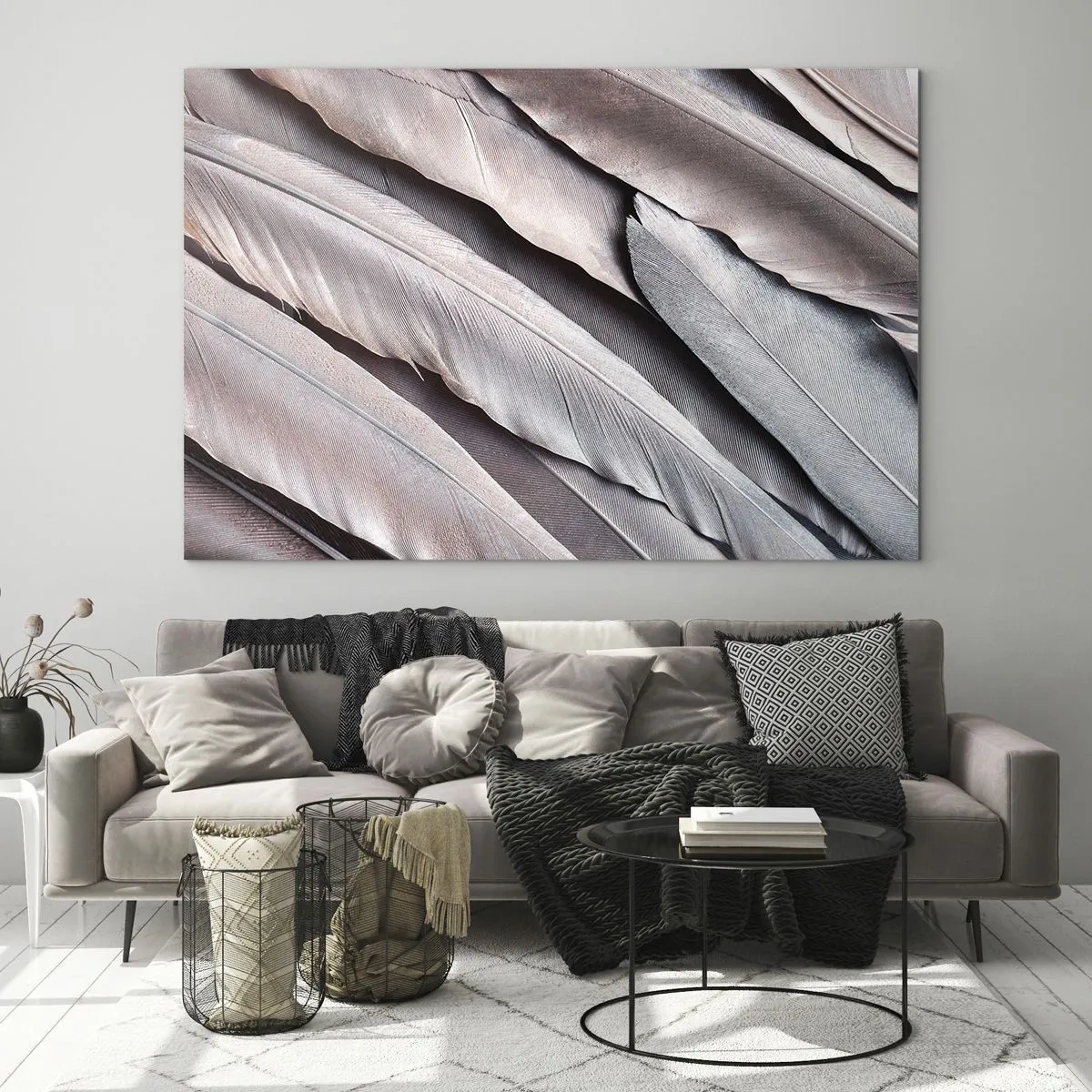 Glastavla - Bild på glas - Närbild av pastellfärgade fjädrar i nyanser av rosa och silver - 70x50cm - I rosa silver - Modern väggdekoration för vardagsrum och sovrum ARTTOR