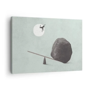 Canvastavla - Bild på duk - En symbolisk scen med en figur och balans mot en ljus himmel. - 70x50cm - Uppfylld dröm - Modern väggdekoration för vardagsrum och sovrum ARTTOR