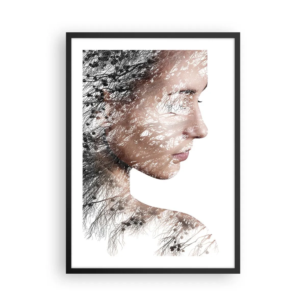 Affisch i svart ram - Dubbelexponeringsporträtt av en kvinna med naturmotiv - 50x70cm - Skogens ande - Modern väggdekoration för vardagsrum och sovrum ARTTOR