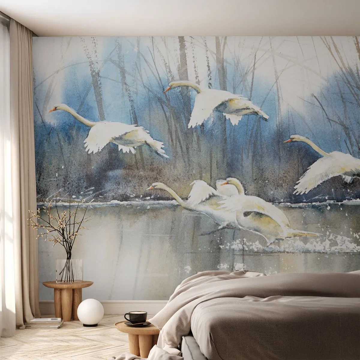 Fototapet Standard Eco - Som i en saga om vilda svanar - Svanar, Fåglar, Landskap - 350x256 cm