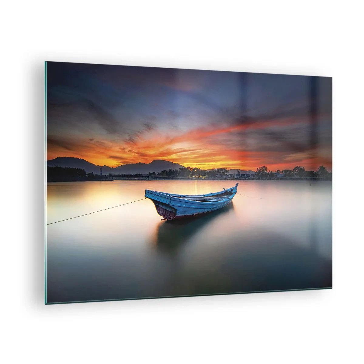 Glastavla - Bild på glas - Träbåt på sjön vid solnedgången - 70x50cm - Det kommer en god natt - Modern väggdekoration för vardagsrum och sovrum ARTTOR