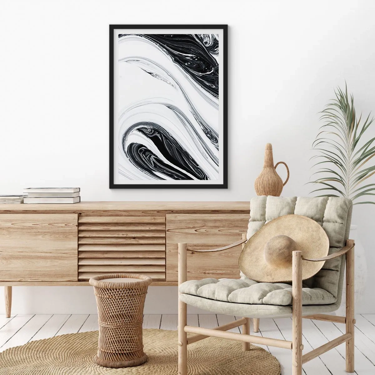 Affisch i svart ram - Abstrakt mönster i svartvitt med böljande linjer - 50x70cm - Motsatskombination - Modern väggdekoration för vardagsrum och sovrum ARTTOR