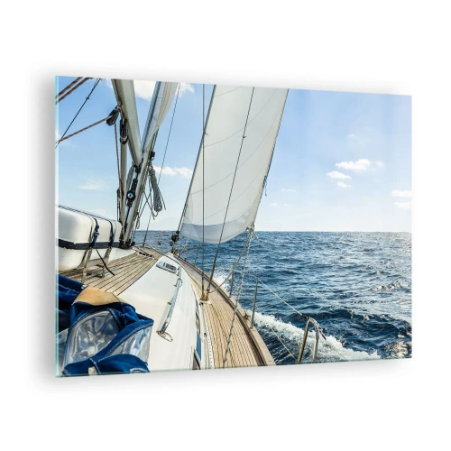 Glastavla - Bild på glas - En yacht på öppet hav med utfällda segel - 70x50cm - Heja äventyret - Modern väggdekoration för vardagsrum och sovrum ARTTOR