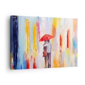 Canvastavla - Bild på duk - Ett par under ett rött paraply med färgglada byggnader i bakgrunden. - 70x50cm - Må det fortsätta regna - Modern väggdekoration för vardagsrum och sovrum ARTTOR