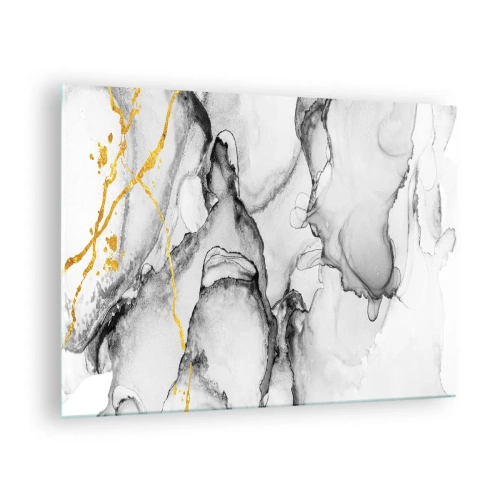 Glastavla - Bild på glas - Abstrakt svartvit komposition med en guldfärgad accent - 70x50cm - Komposition med guldmotiv - Modern väggdekoration för vardagsrum och sovrum ARTTOR