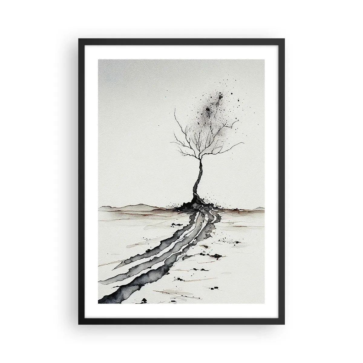 Affisch i svart ram - Ett minimalistiskt träd med abstrakta rötter - 50x70cm - Vinterns melankoli - Modern väggdekoration för vardagsrum och sovrum ARTTOR