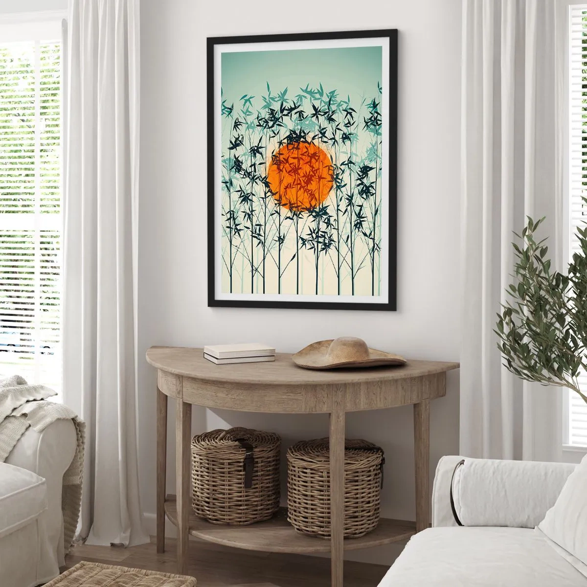 Affisch i svart ram - Solen bakom bambugrenarna - 50x70cm - Japansk sol - Modern väggdekoration för vardagsrum och sovrum ARTTOR
