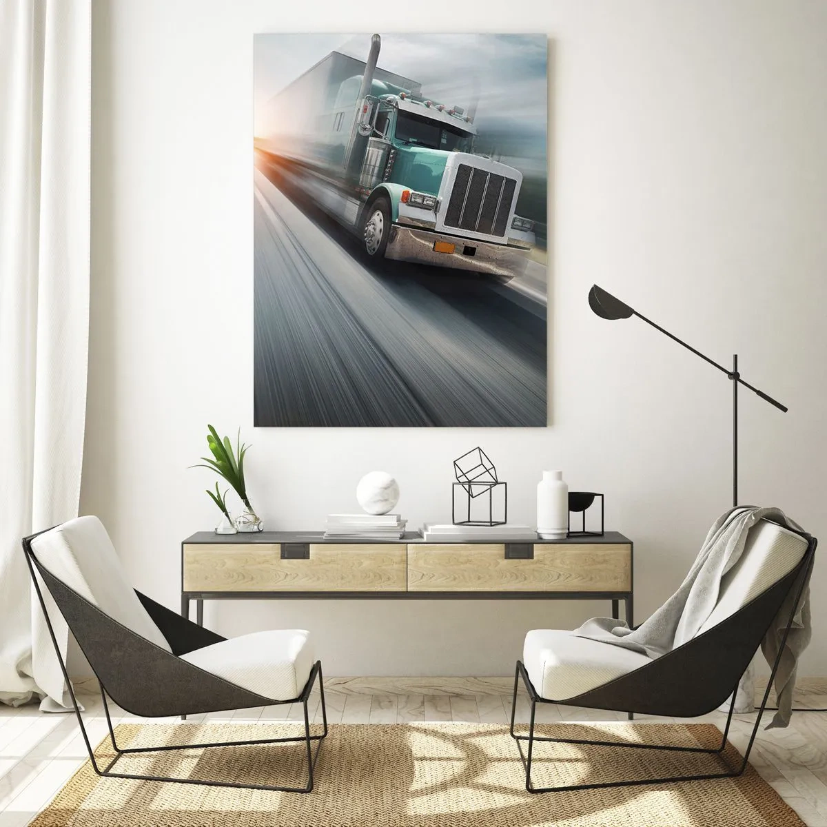 Glastavla - Bild på glas - Amerikanska jätten i full fart - 50x70 cm