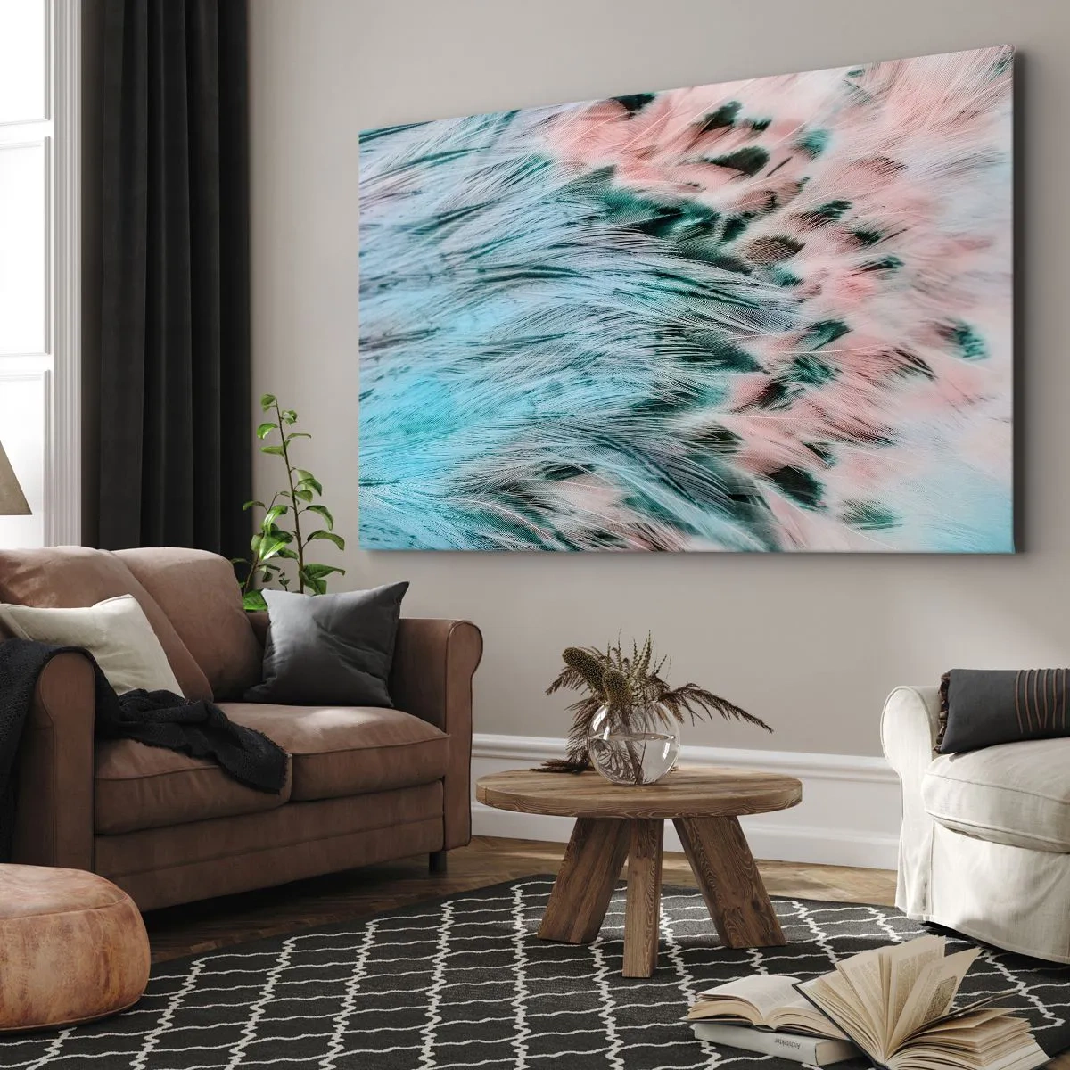 Canvastavla - Bild på duk - Närbild av fjädrar i pastellfärger av safirrosa - 70x50cm - Safir-rosa dun - Modern väggdekoration för vardagsrum och sovrum ARTTOR