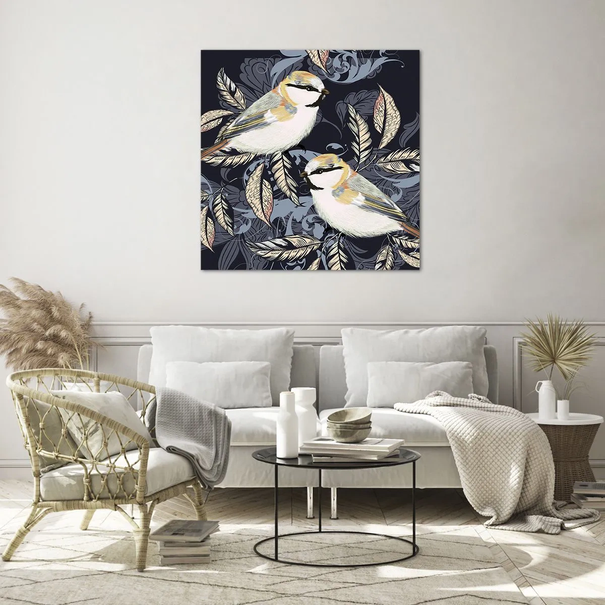 Glastavla - Bild på glas - Gul-grå fågelsång - 70x70 cm