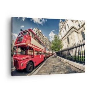 Canvastavla - Bild på duk - Röd dubbeldäckarbuss i London nära gatan och katedralen - 70x50cm - Londongata i grå och röd - Modern väggdekoration för vardagsrum och sovrum ARTTOR
