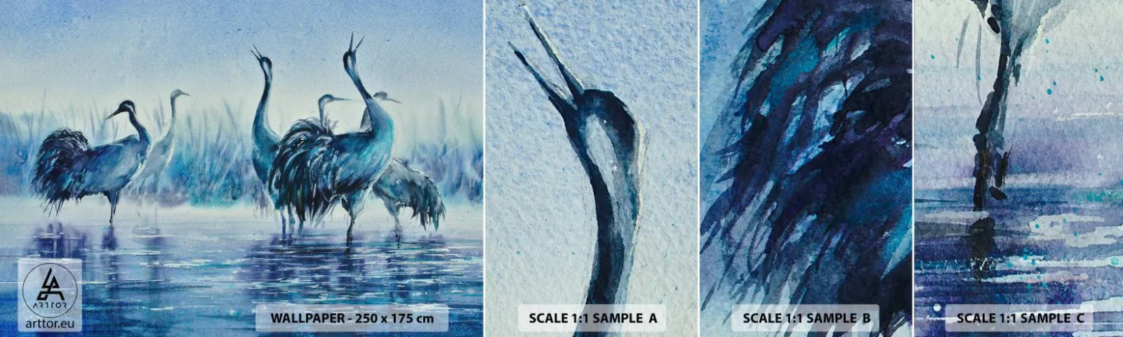 Provbit av självhäftande fototapet Deluxe Sticker - Morgonmöte - Fåglar, Landskap, Vatten - 100x30 cm