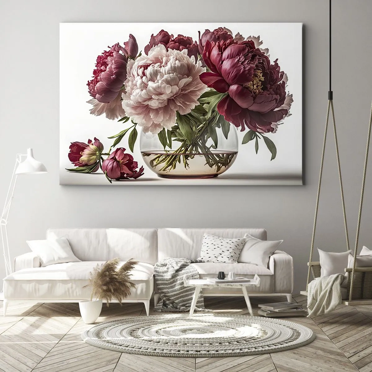 Canvastavla - Bild på duk - En bukett pioner i nyanser av rosa och rött - 70x50cm - I full blom av skönhet - Modern väggdekoration för vardagsrum och sovrum ARTTOR