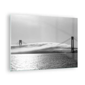 Glastavla - Bild på glas - En bro i svartvitt med dimma över vattnet - 70x50cm - Passera Golden Gate - Modern väggdekoration för vardagsrum och sovrum ARTTOR