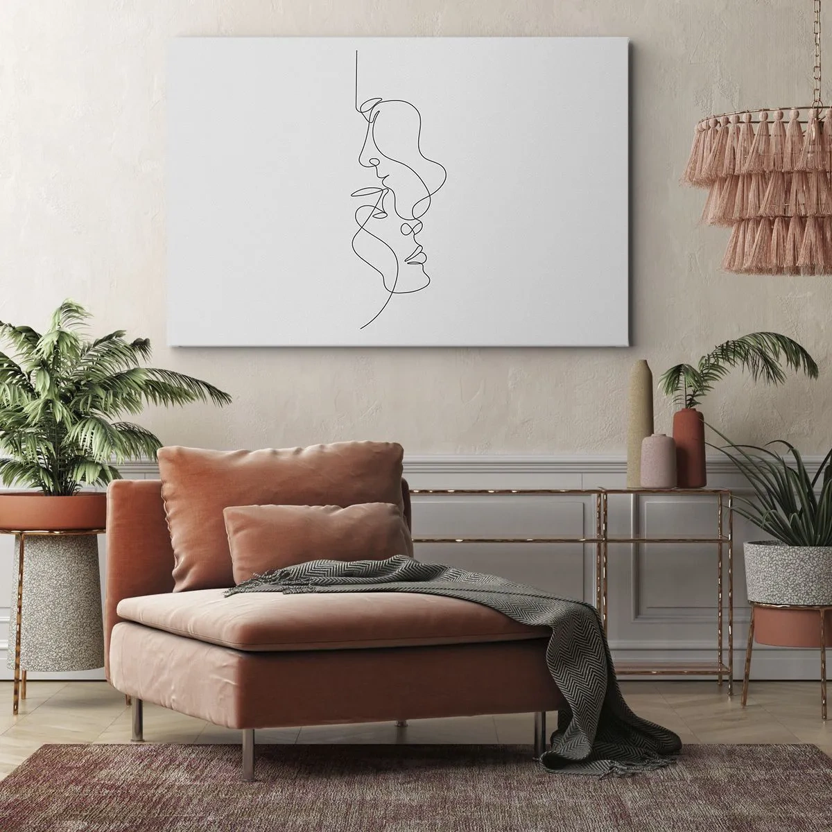Canvastavla - Bild på duk - En minimalistisk teckning av två ansikten i en linje. - 70x50cm - Sentimentala lustens glöd - Modern väggdekoration för vardagsrum och sovrum ARTTOR