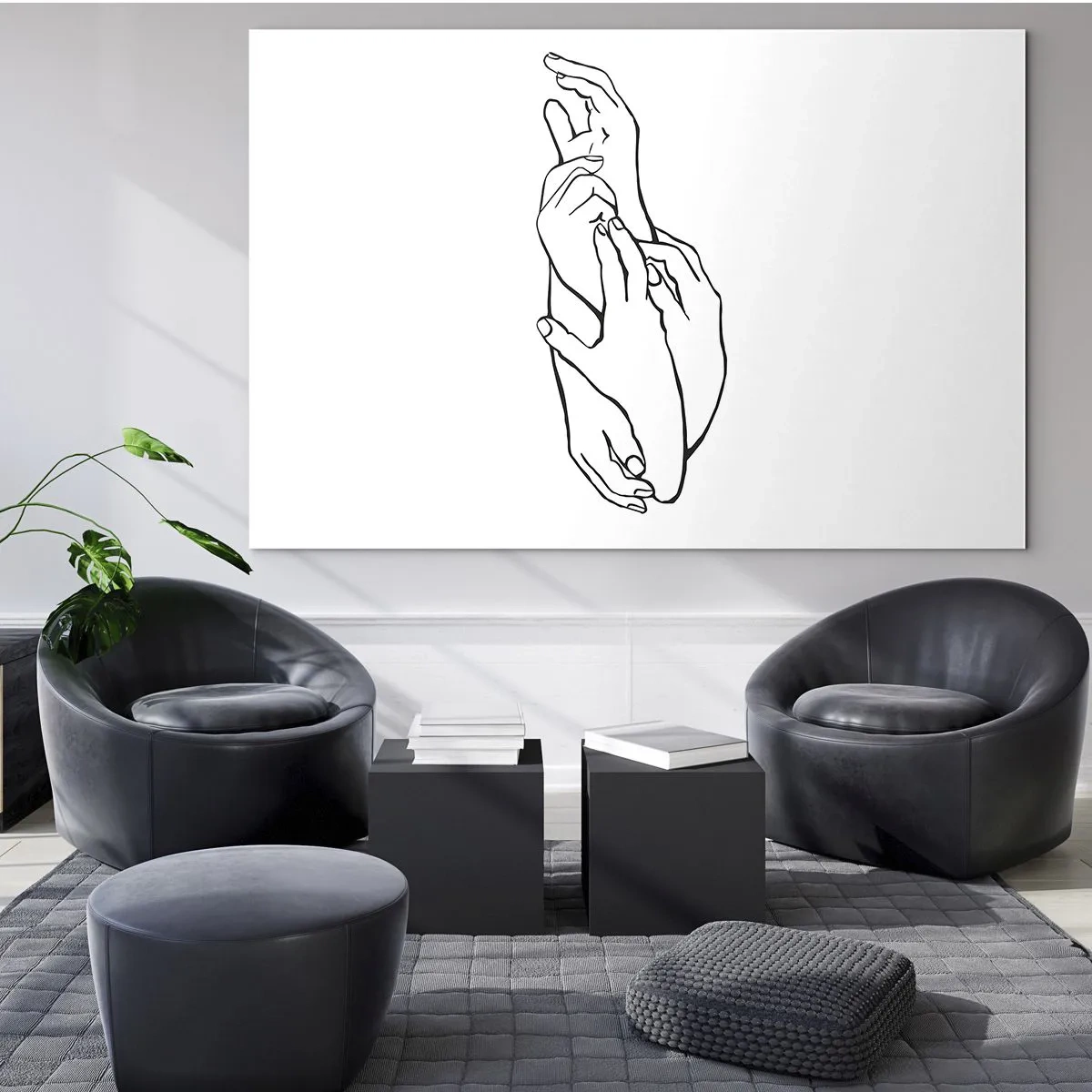 Glastavla - Bild på glas - En subtil linjär teckning av knäppta händer mot en vit bakgrund. - 70x50cm - Hand i hand - Modern väggdekoration för vardagsrum och sovrum ARTTOR
