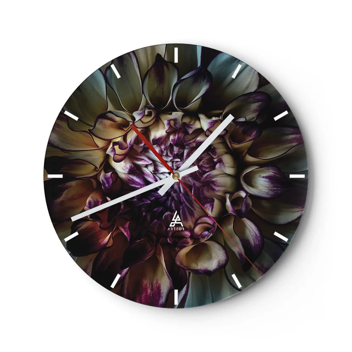 Väggklocka - Klocka på glas - Närbild av blomblad i mörka nyanser - 30x30cm - Blommande ungdom - Modern väggdekoration för vardagsrum, kök och sovrum ARTTOR