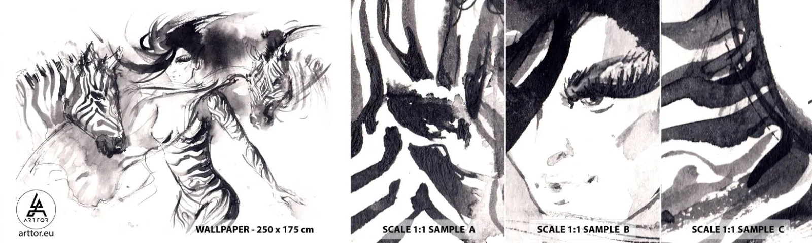 Fototapet Prov Standard Eco - Dansar med zebror - Abstraktion, Kvinna, Revben - 100x30 cm