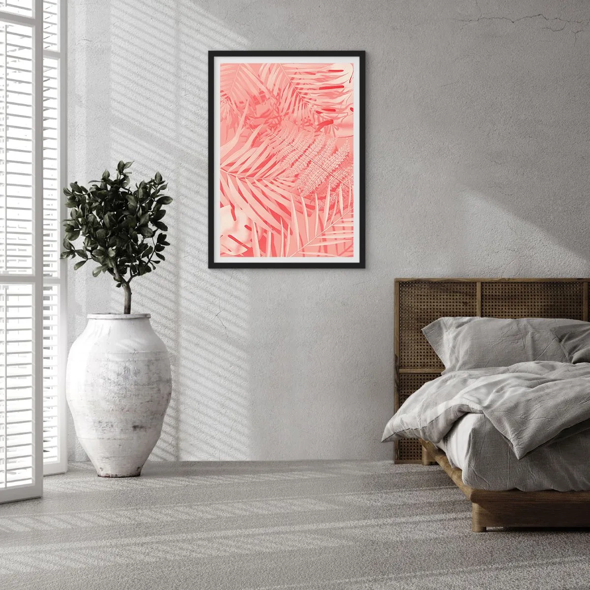 Affisch i svart ram - Rosa ormbunke och palmblad på en pastellfärgad bakgrund - 50x70cm - Rosa koncept - Modern väggdekoration för vardagsrum och sovrum ARTTOR