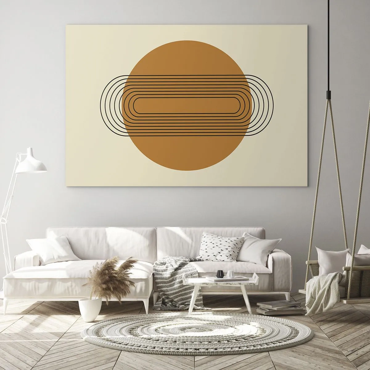 Glastavla - Bild på glas - Geometrisk abstraktion med cirklar och linjer - 70x50cm - Perfekt plan - Modern väggdekoration för vardagsrum och sovrum ARTTOR