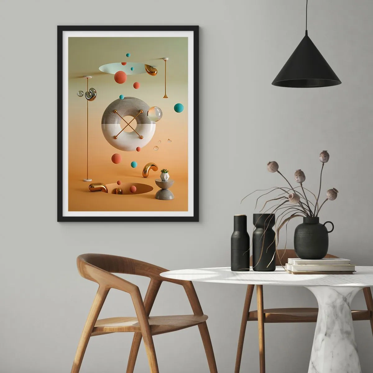 Affisch i svart ram - En abstrakt komposition av geometriska former i varma färger. - 50x70cm - Vad som helst kan hända - Modern väggdekoration för vardagsrum och sovrum ARTTOR